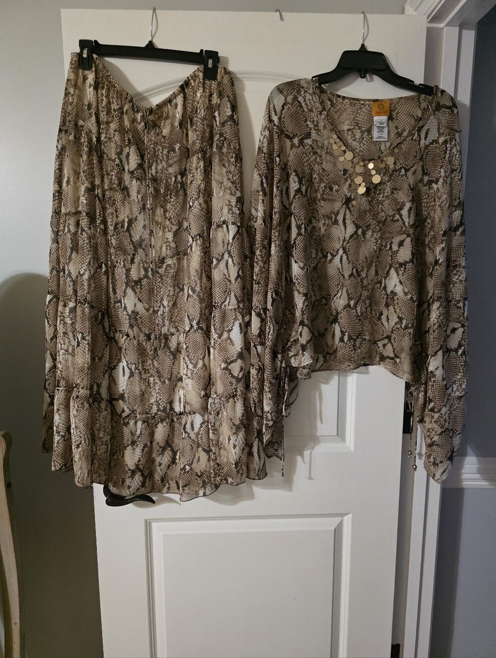 Ruby Rd skirt with matching Snake Print V-Neck Blouse in Neutral Brown and Cream
